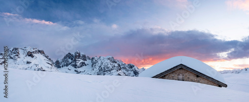 Snowshoeing to the Fevri malga on Mount Spinale. Easy snowshoe hike from Madonna di Campiglio (1h30/2h). Wonderful views of the Brenta Dolomites, Madonna di Campiglio, Trentino, Italy