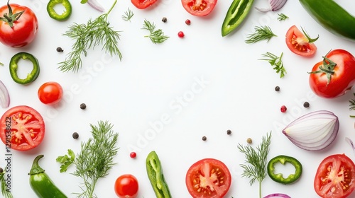 Fresh vegetables flat lay: Tomatoes, peppers, dill, onions.  Represents healthy eating and natural ingredients. Ideal for food blogs, and recipe promotions.