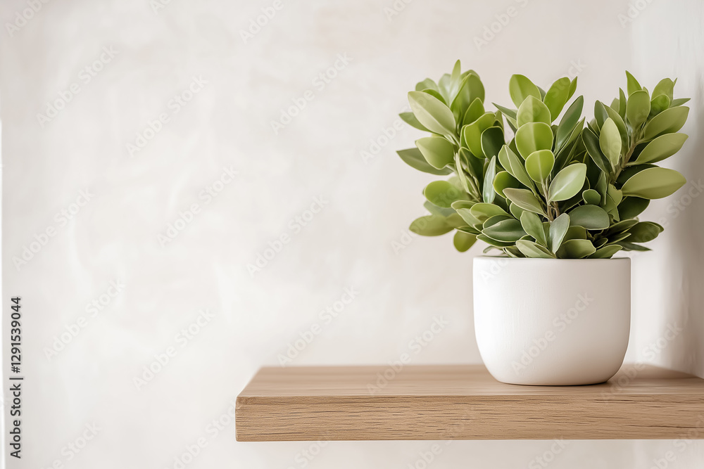 Fototapeta premium A small jade plant in a minimalist white pot, placed on a floating shelf against a textured white wall