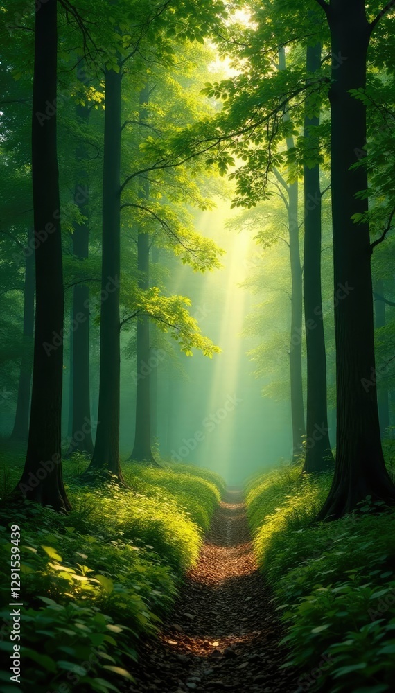 Obraz premium Dense forest with sunlight filtering through trees and a tranquil atmosphere, woods, nature, peaceful