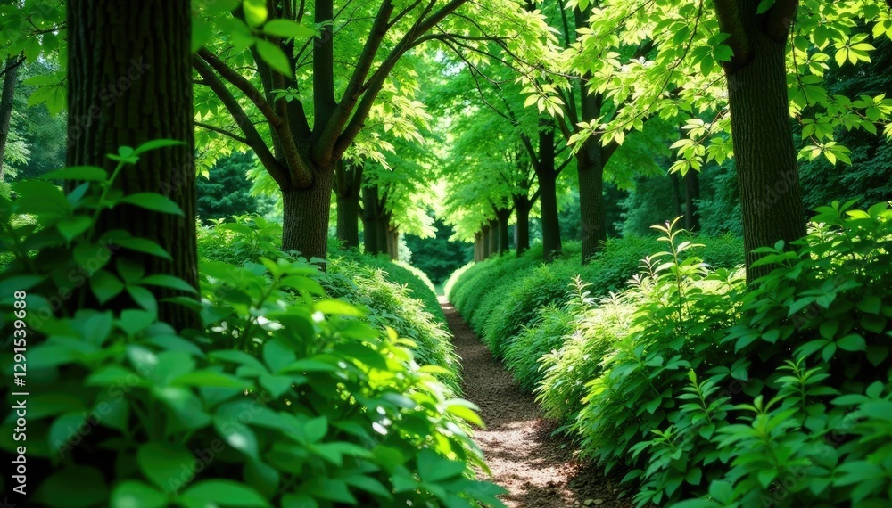 Obraz premium Dense green netting in a garden with many trees and shrubs, organic, twigs, garden feature