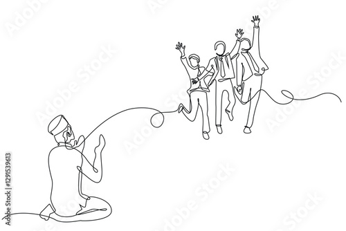 continuous line of muslim man praying to become a successful businessman.single line vector illustration.isolated on white background