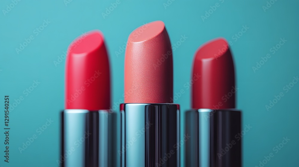 Obraz premium Three vegan lipsticks in varying shades of red and pink stand on teal background. Modern composition