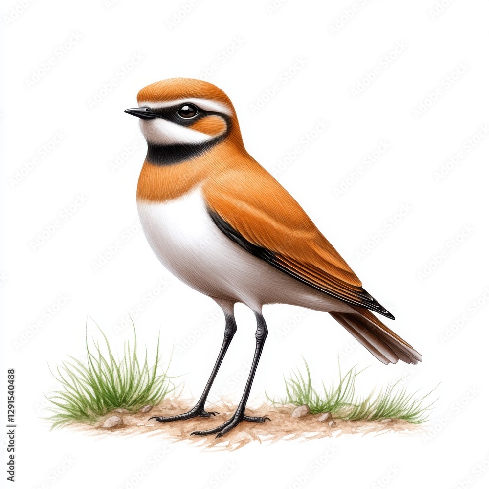 Fototapeta premium Vibrant Orange Bird with Black and White Accents Standing on Grass in Natural Illustration