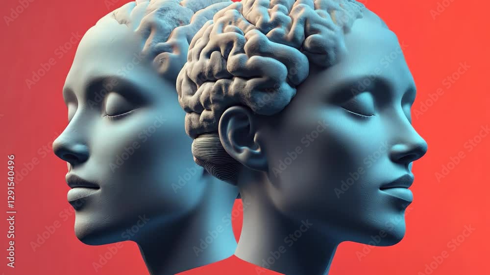 Dynamic brain activity illustrated through two human heads showcasing vibrant cerebral interactions, 3d of two human heads with bright brain activities Dynamic brain activity illustrated through two human heads showcasing vibrant cerebral interactions, 3d of two human heads with bright brain activities
