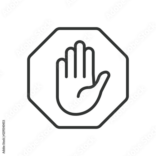 Stop hand, icon in line design. Stop hand, hand gesture, warning sign, prohibition, hand symbol, stop sign, caution on white background vector. Stop hand editable stroke icon