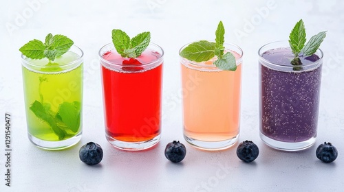 Colorful fruit drinks in glasses, fresh mint, blueberries