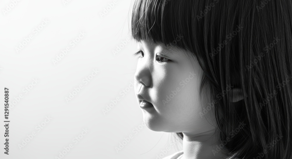 Asian child in thoughtful profile in black and white Asian child in thoughtful profile in black and white