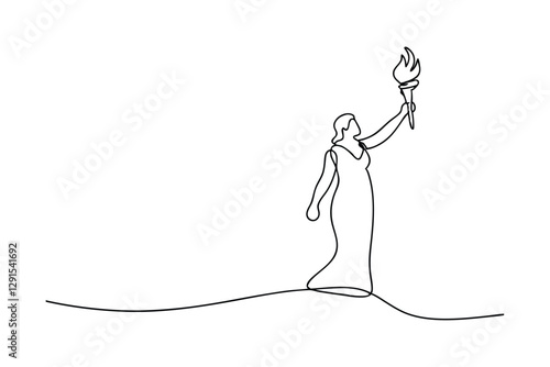 Single line drawing Woman, Grecian dress, torch, flame, Olympics, victory, achievement, success, 