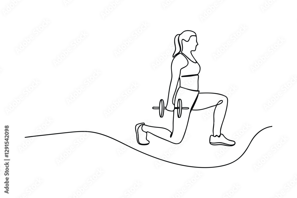 Womans Fitness Workout SingleLine Drawing of Lunges with Dumbbell Womans Fitness Workout SingleLine Drawing of Lunges with Dumbbell