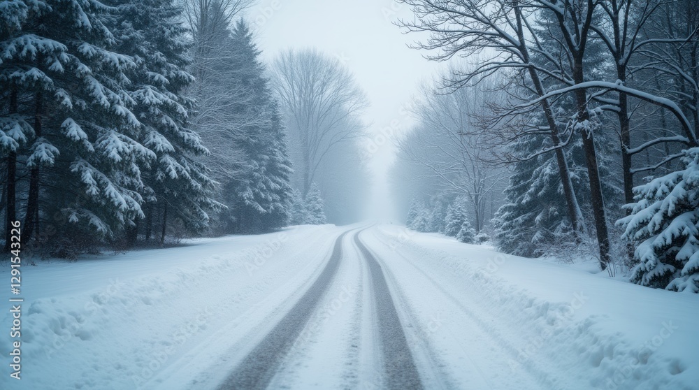 Winter road in a snowy field with trees and blue sky at sunset Winter road in a snowy field with trees and blue sky at sunset