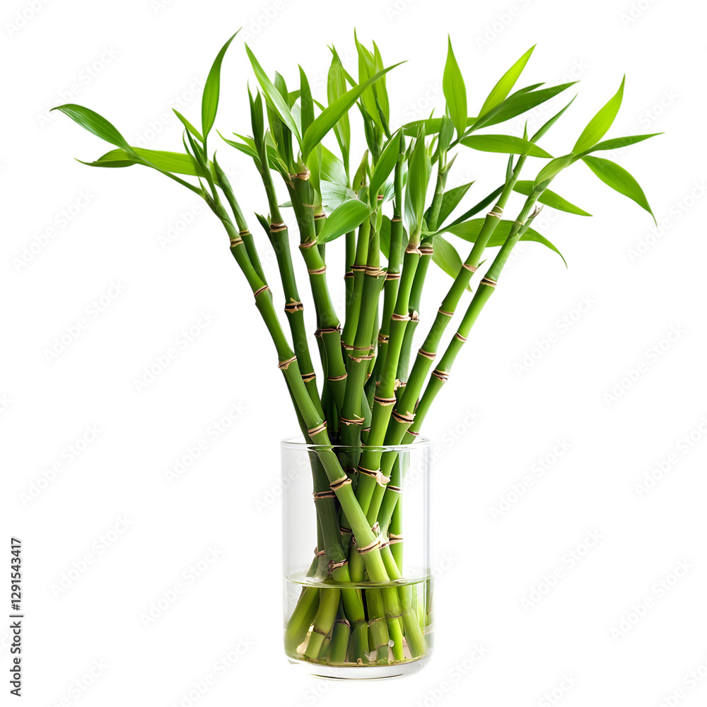 Fototapeta premium A detailed close-up of lucky bamboo (Dracaena sanderiana) featuring slender, vibrant green stalks gracefully arranged in a contemporary glass container.