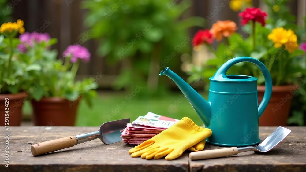 Spring Gardening Tools Arranged on a Wooden Table Spring Gardening Tools Arranged on a Wooden Table