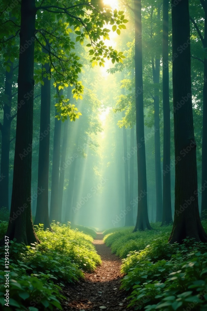 Fototapeta premium Misty forest with tall trees and dappled sunlight filtering through leaves, nature, sunlight