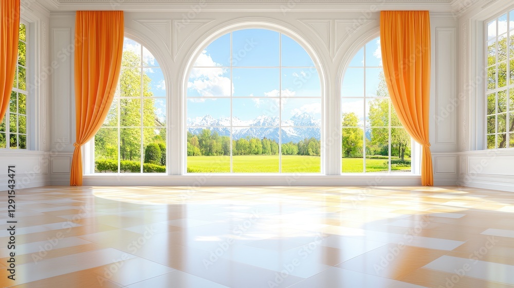 Fototapeta premium Luxurious room, arched windows, mountain view, sunny day, interior design