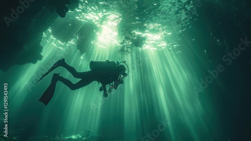 Wallpaper Mural Silhouette of a Scuba Diver in an Underwater Cave, Bathed in Rays of Sunlight Torontodigital.ca