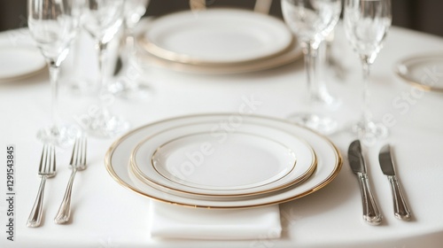 A beautifully set dining table featuring elegant plates, silverware, and crystal glassware, perfect for a formal meal.