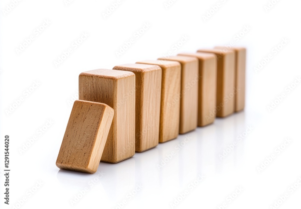 Wooden blocks arranged in a straight line with one tipping over Wooden blocks arranged in a straight line with one tipping over