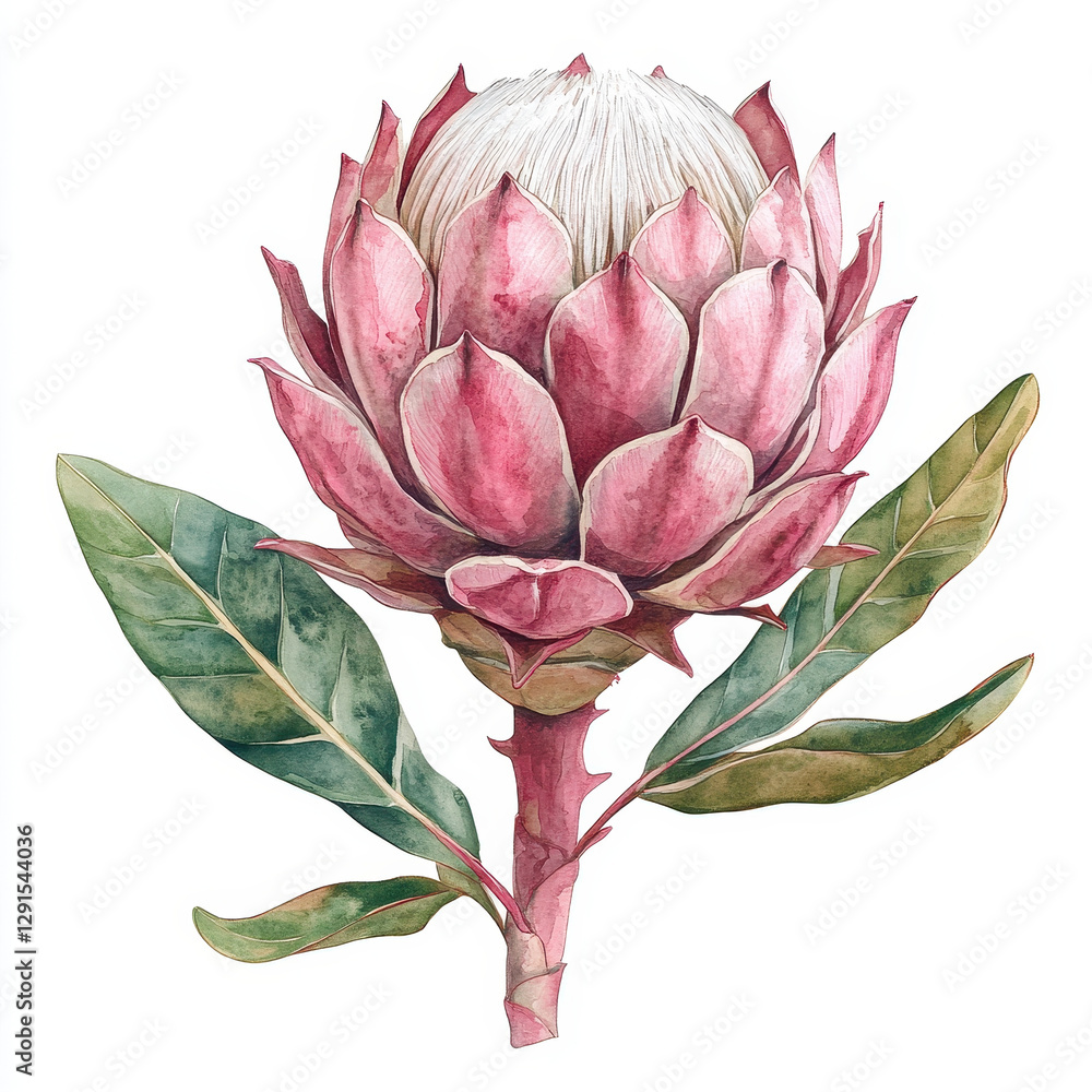 Fototapeta premium beautiful protea flower illustration featuring pink petals and green leaves, showcasing intricate details and vibrant colors. This hand drawn floral design adds touch of nature elegance