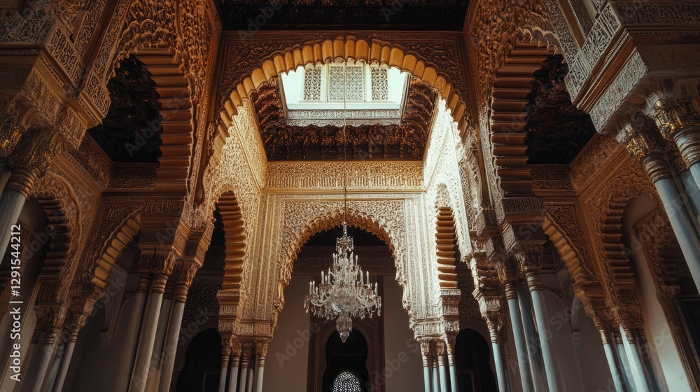 Fototapeta premium Intricate Architectural Details of a Palace Interior with a Crystal Chandelier