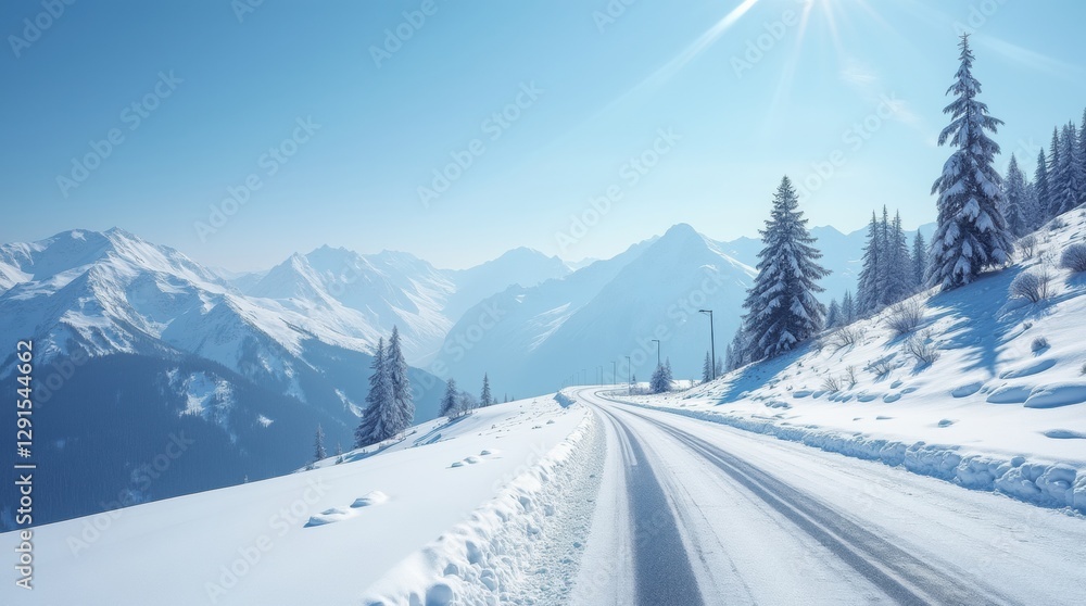Obraz premium Winter road in a snowy field with trees and blue sky at sunset