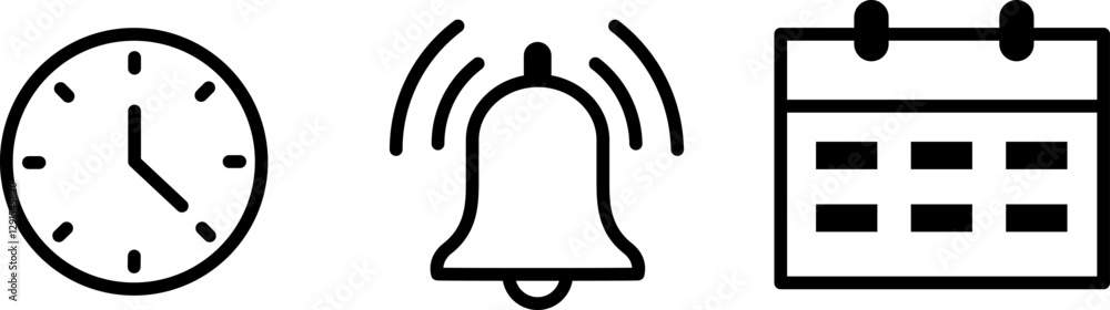 Time, alarm ring, and date icon vector with color fill. Clock, alarm, and calendar symbol on transparent background