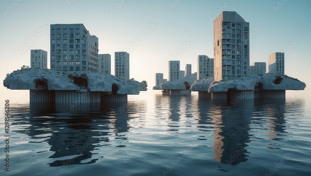 Naklejka premium Concrete buildings stand on platform in water. Structures mirror onto ocean under light blue sky. Architecture looks post apocalyptic with many stories.