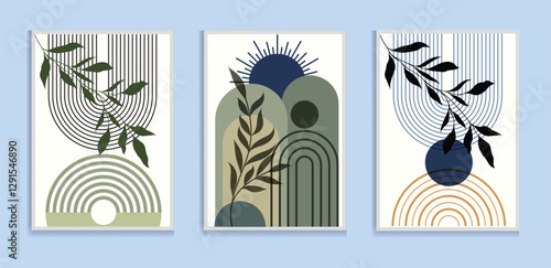 Abstract botanical wall art prints sun moon poster. Contemporary minimalist backgrounds modern boho style. Mid century wall decor, art print. Illustration