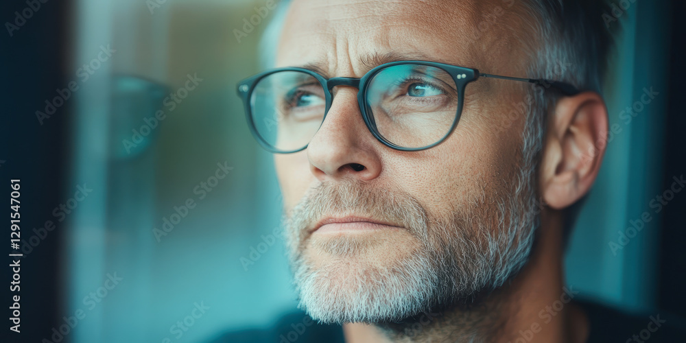 Pensive mature Caucasian man with glasses gazing out window in thoughtful introspective moment Pensive mature Caucasian man with glasses gazing out window in thoughtful introspective moment