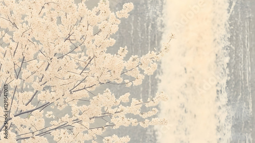 Blooming Cherry Blossoms Against a Weathered Wall