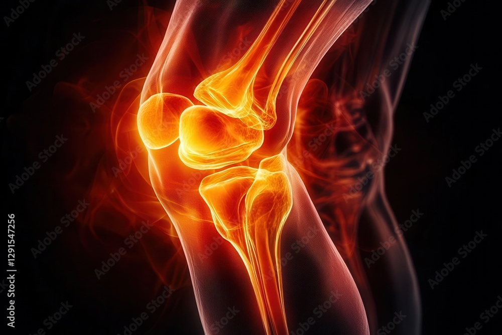 dynamic knee joint glows in fiery reds and oranges veins pulsing with energy set against a dark void illustrated in a bold semitransparent anatomical style dynamic knee joint glows in fiery reds and oranges veins pulsing with energy set against a dark void illustrated in a bold semitransparent anatomical style