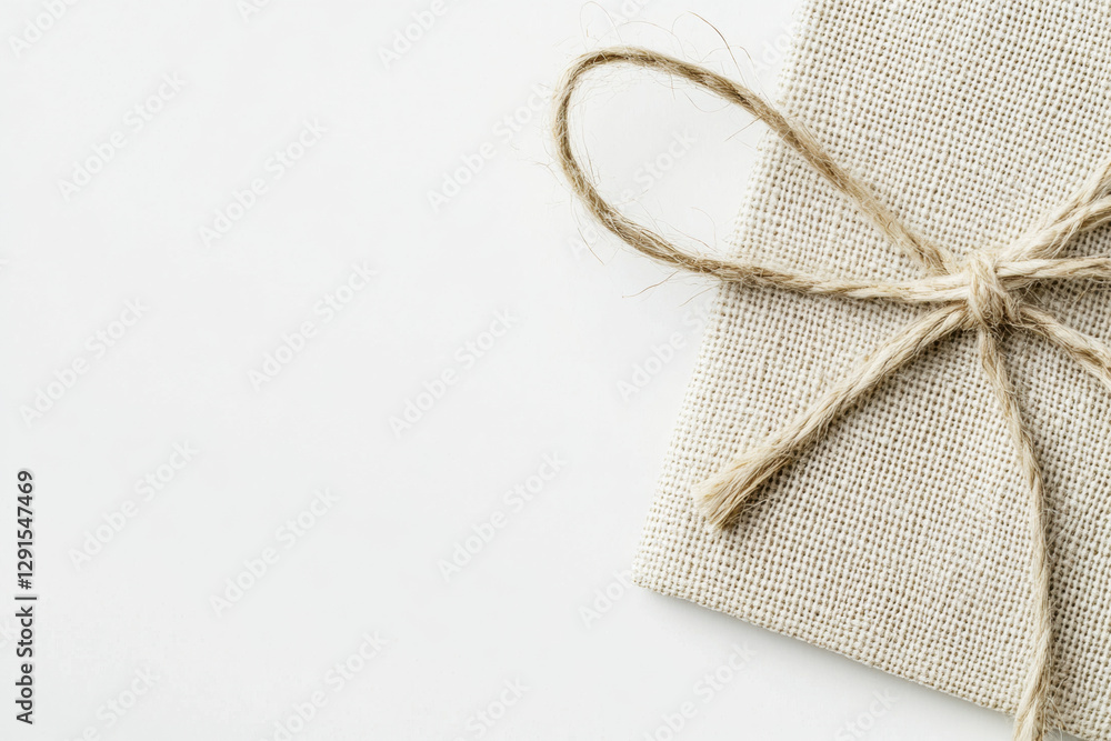 Fototapeta premium Rustic Gift Wrapped in Burlap with Twine Bow on White Background