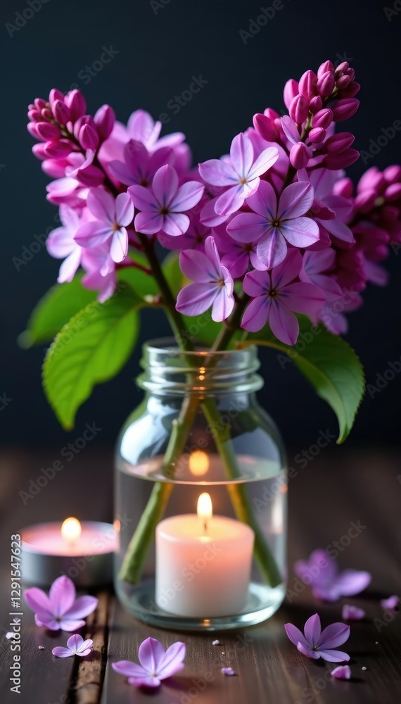 Obraz premium soft purple lilac blossoms in a candlelit jar, gentle, light