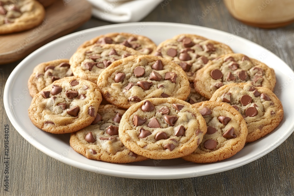 Delicious Chocolate Chip Cookies on a White Plate for Dessert Delicious Chocolate Chip Cookies on a White Plate for Dessert