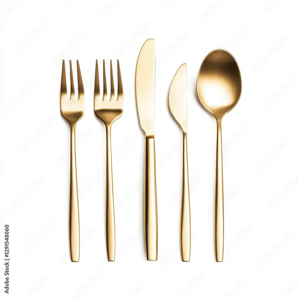 Elegant gold plated cutlery set featuring forks, knife, and spoon, perfect for upscale dining experiences and special occasions Elegant gold plated cutlery set featuring forks, knife, and spoon, perfect for upscale dining experiences and special occasions