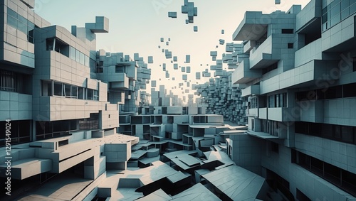 Abstract city blocks. White buildings form complex geometric shapes. Cubes float among modern structures. Futuristic architecture with blue sky during daytime.