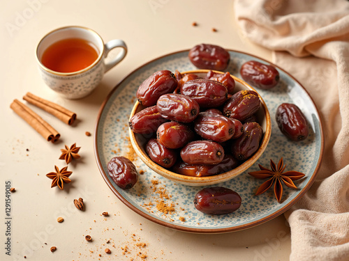 Wallpaper Mural Arabic Dates with Warm Tea and Spices Elegant Food Arrangement for Ramadan, Iftar, and Hospitality. Rustic with Soft Lighting, Perfect for Traditional Middle Eastern, Ramadan Iftar Elegance Torontodigital.ca