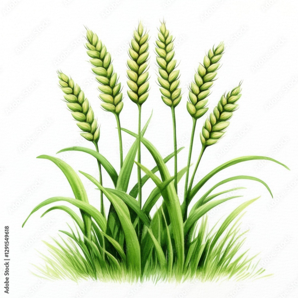 Fototapeta premium Lush Green Wheat Stalks Growing in Vibrant Grass Against a Bright White Background