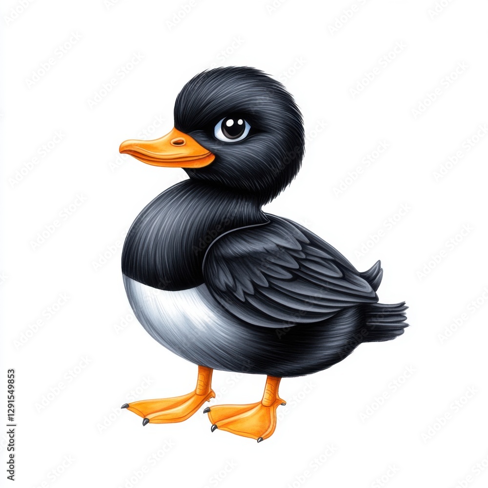 Obraz premium Cute Cartoon Duck Character with Black Feathers and Orange Beak Standing on White Background
