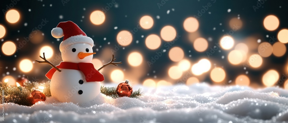 Snowman wearing red hat and scarf standing in snowy landscape during winter season Snowman wearing red hat and scarf standing in snowy landscape during winter season