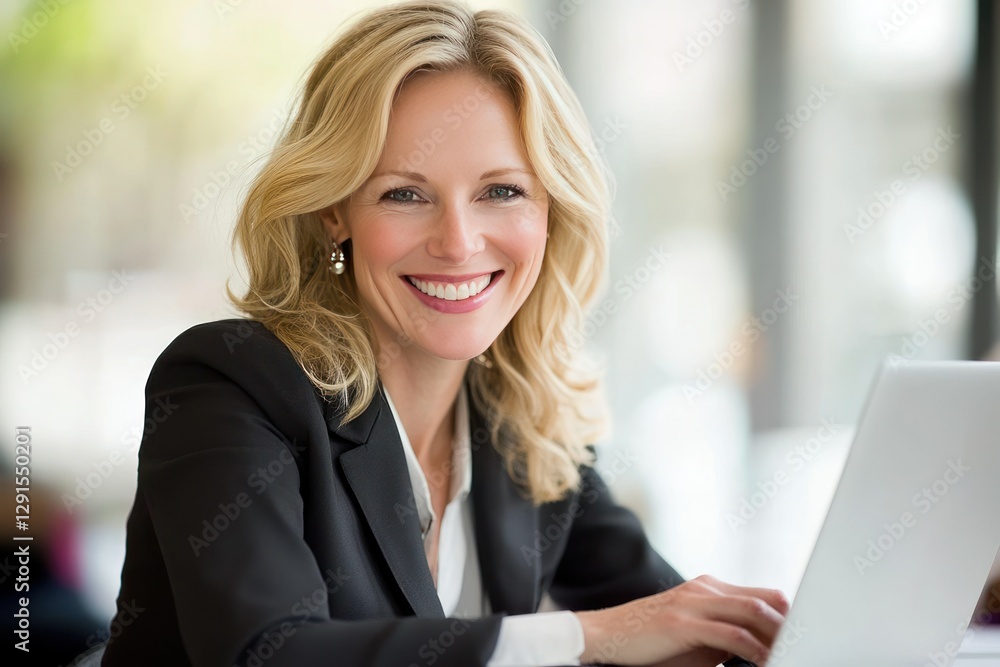 Confident Businesswoman Working on Laptop with Bright Smile in Modern Office Environment Confident Businesswoman Working on Laptop with Bright Smile in Modern Office Environment