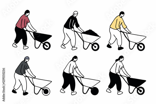 set of People using Wheelbarrow silhouette vector illustration