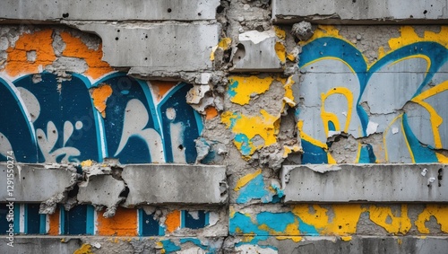Old gray concrete wall with blue orange yellow graffiti. Cracked weathered brick background with street art.