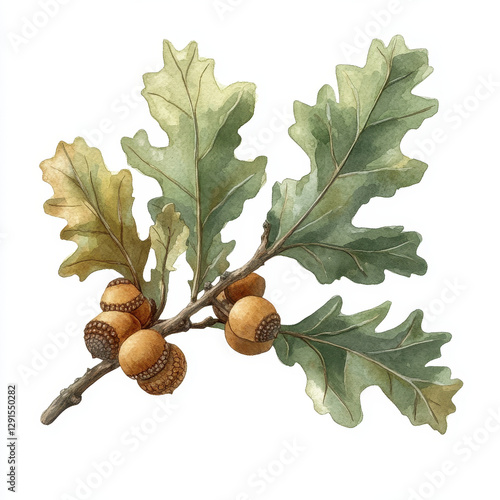 single oak branch with acorns, showcasing detailed leaves and natural colors, perfect for nature themed designs and illustrations