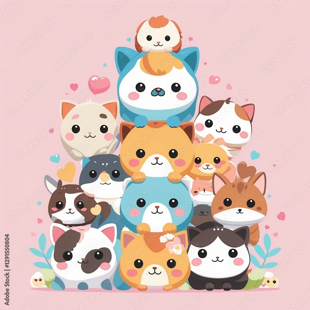 Naklejka premium Cute Cartoon Cats Stack on Pink Background. Diverse Colorful Kittens Tower with Hearts and Flowers. Illustration of Funny Cats Pile Together