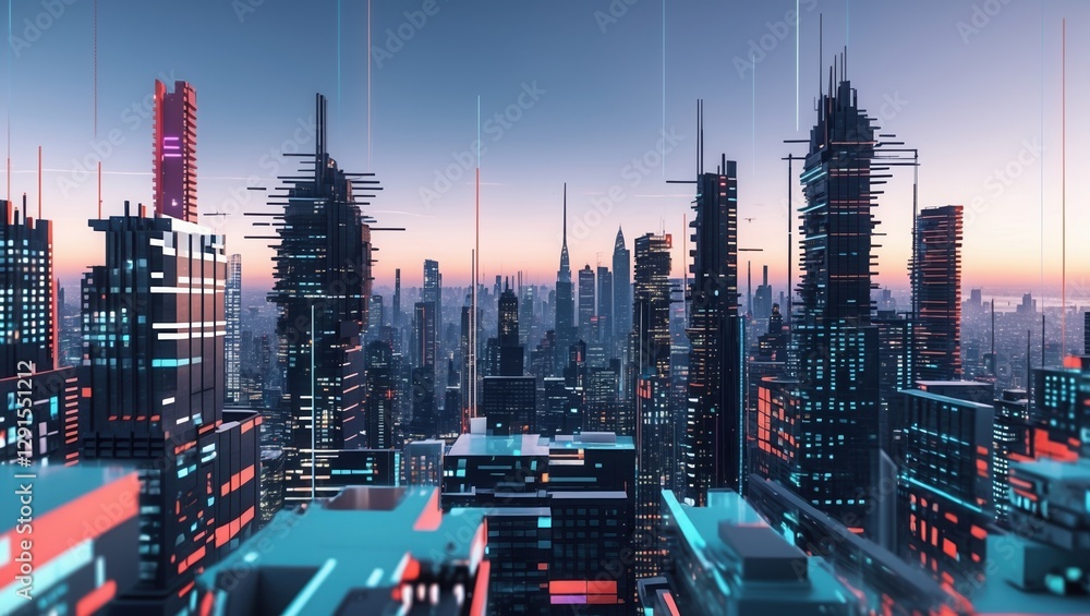 Futuristic city skyline at dusk. Tall buildings glow with blue orange light. Antenna arrays stand high against soft color gradient sky. Futuristic city skyline at dusk. Tall buildings glow with blue orange light. Antenna arrays stand high against soft color gradient sky.
