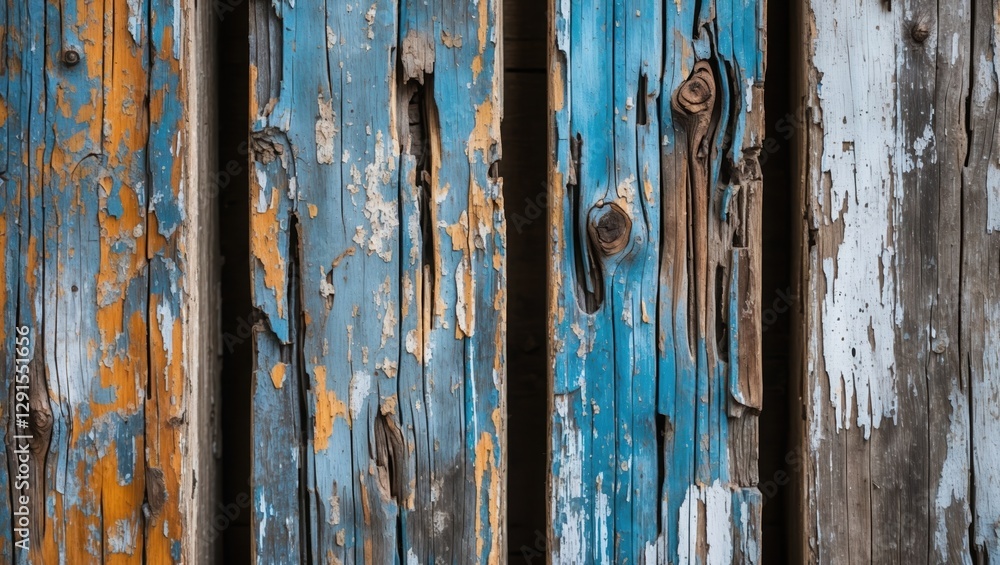 Old wood fence texture. Blue and orange peeling paint. Grunge timber background. Vertical planks with damaged surface. Old wood fence texture. Blue and orange peeling paint. Grunge timber background. Vertical planks with damaged surface.