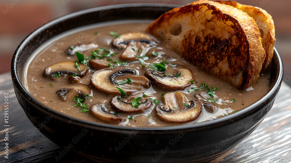 Creamy mushroom soup with toasted croutons Creamy mushroom soup with toasted croutons