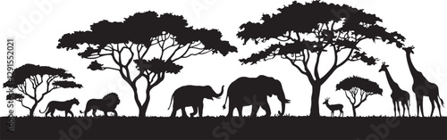 An African safari animal silhouette landscape scene featuring a collection of African animals among the trees. Vector illustration of wild nature silhouette. giraffe, lion, elephants, and deer