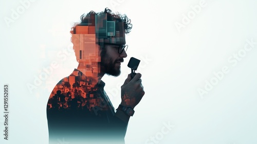 A sharp, minimalist portrayal of a journalist holding a voice recorder high, dwarfed by a towering crowd of geometric shapes in earthy tones, reflecting the struggle for accountability.